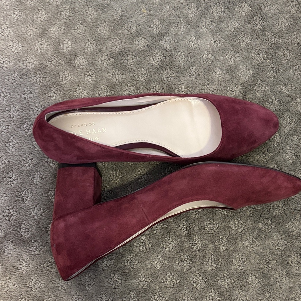 Cole Haan Women's Grand 0’s Signature Block Heels- Almond Toe- Burgundy-Suede- 6